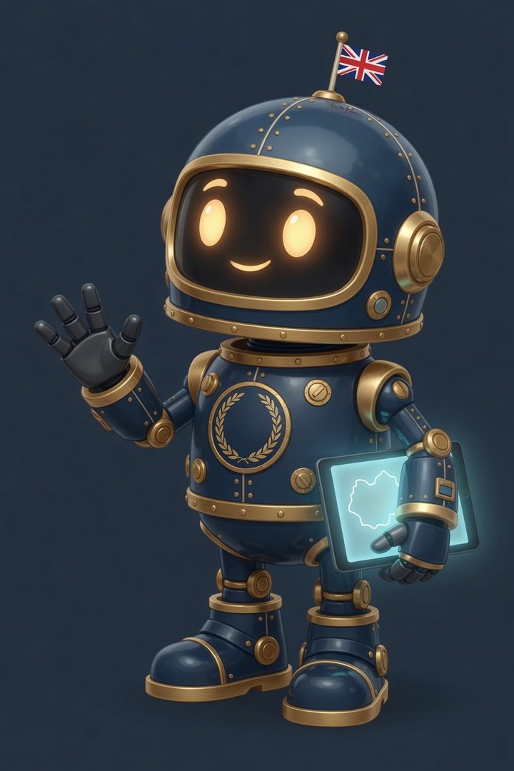 A navy-and-brass British civic robot waving, visor smiling, holding a tablet